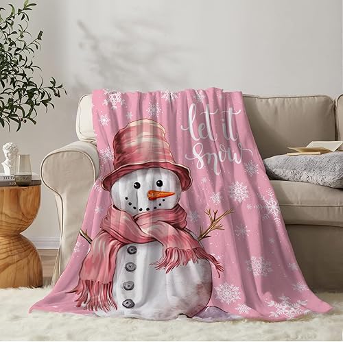 YeeJu Manta grande de Navidad rosa con diseño de muñeco de nieve para sofá, cama, suave, acogedora, ligera, mullida y afelpada, manta de forro polar