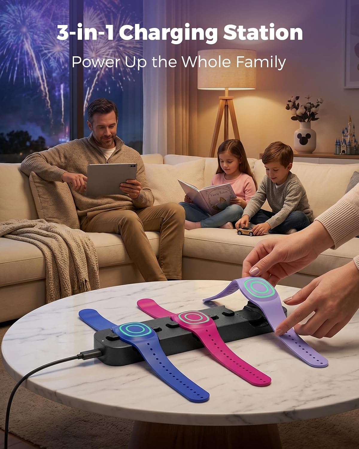 3‑in‑1 Charging Station for MagicBand+ Magic Band Plus, Portable Charger Dock 90-Min Fast Charge for 3 Bands, Click‑to‑Lock Design, USB‑C Travel Hub for Disney-Land & Disney-World Families (Black)