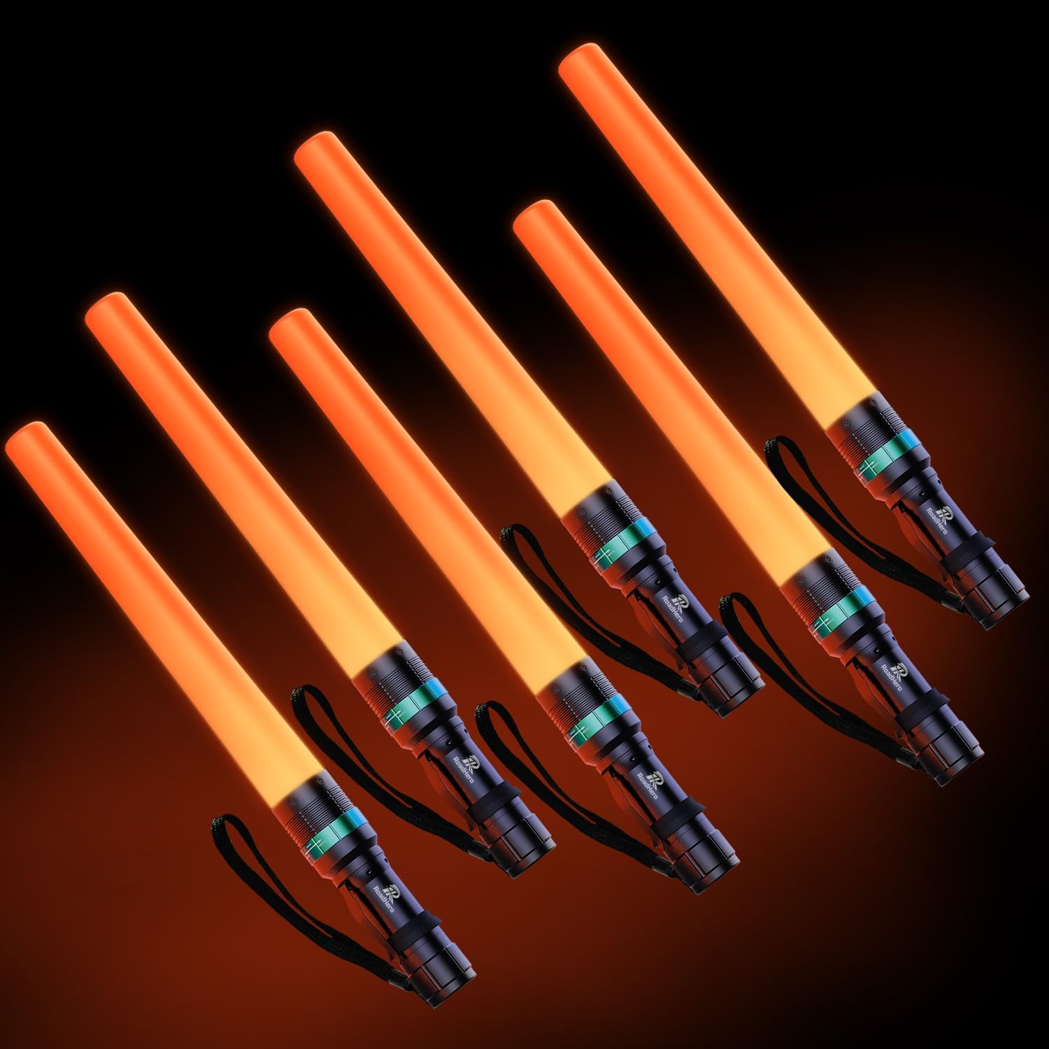 RoadHero 6 Pieces 16 Inch Traffic Wand with Strobe Modes LED Safety Signal Flashlight Wand with Wrist Strap and Side Clip for Traffic Control, Parking, Using 3 AAA Batteries, Batteries Not Included