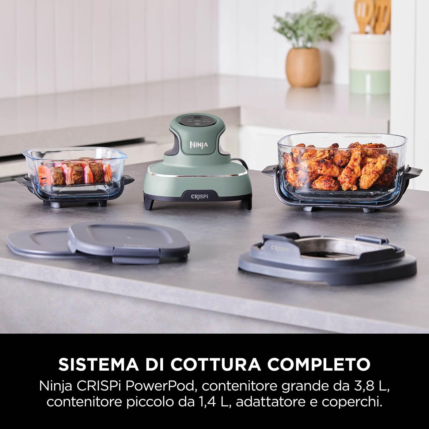 Ninja CRISPi Friggitrice ad Aria Portatile, 3.8L, 4 in 1: Frittura, Cottura Arrosto, Mantiene Cibo Caldo e Croccante, Compatta, 2 Contenitori Vetro Rimovibili, 1700W, Verde FN101EUSG