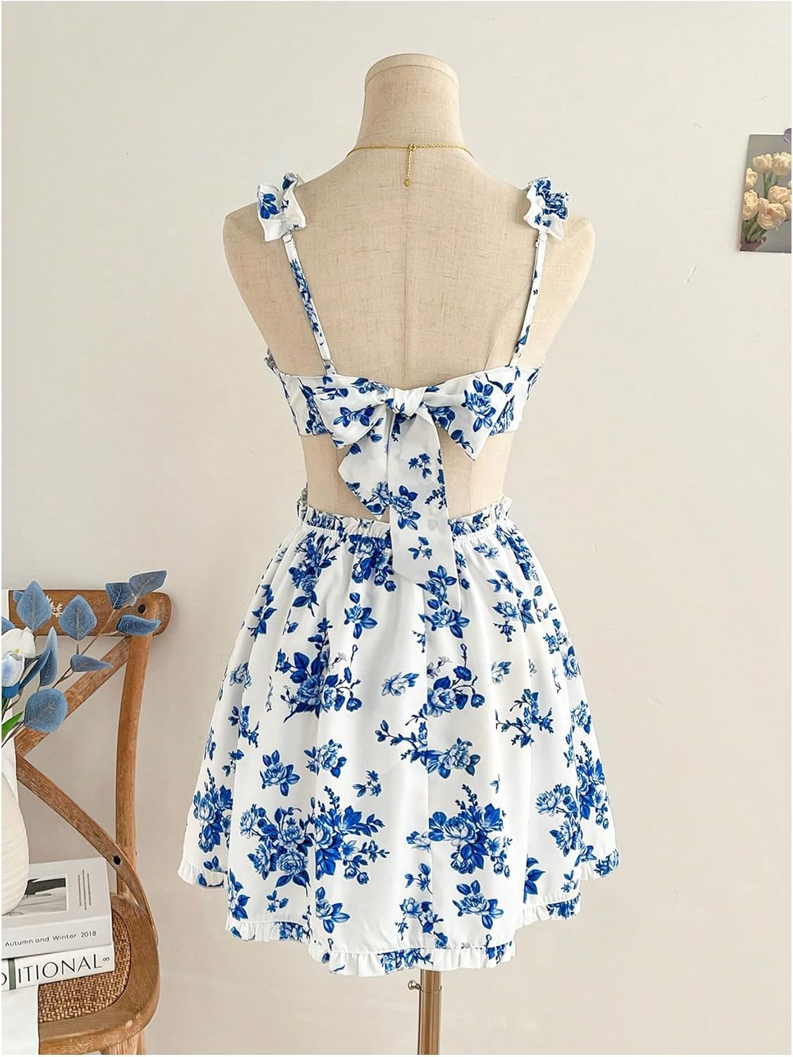 MakeMeChic Women's Floral Frill Trim V Neck Cut Out Sleeveless Bow Knot Summer Mini Dress - Image 3