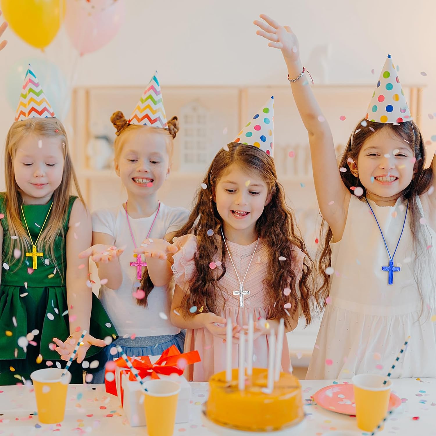 128Pcs Plastic Cross Necklace, 8 Colors Crystal Cross Necklace, Bulk Christian Religious Party Favors,Birthday Gifts for Easter Vacation Sunday School Church(Transparent Color) - Image 6