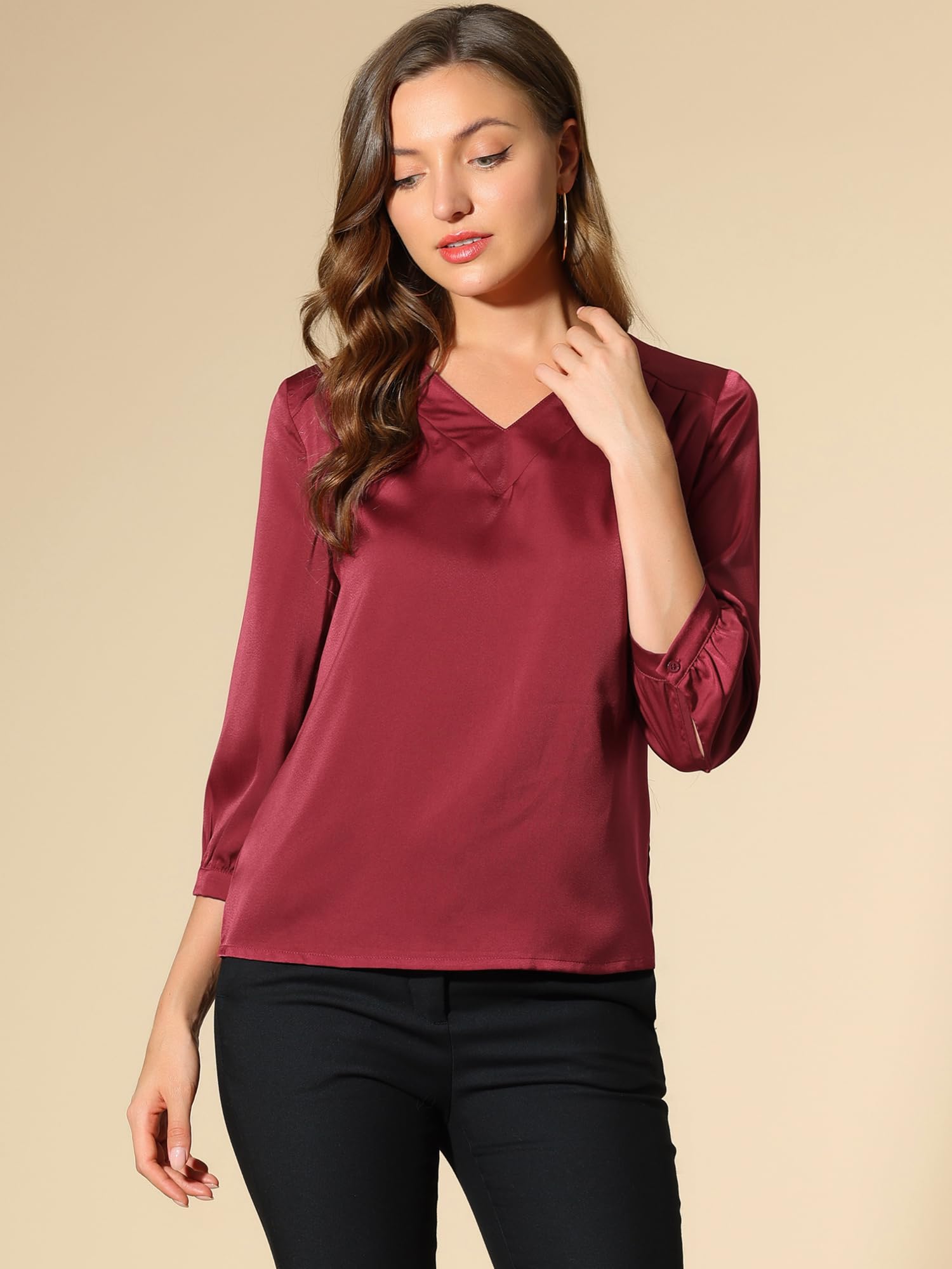 Allegra K Chemisier en satin pour femme à manches 3/4 et col en V pour l'automne 2025