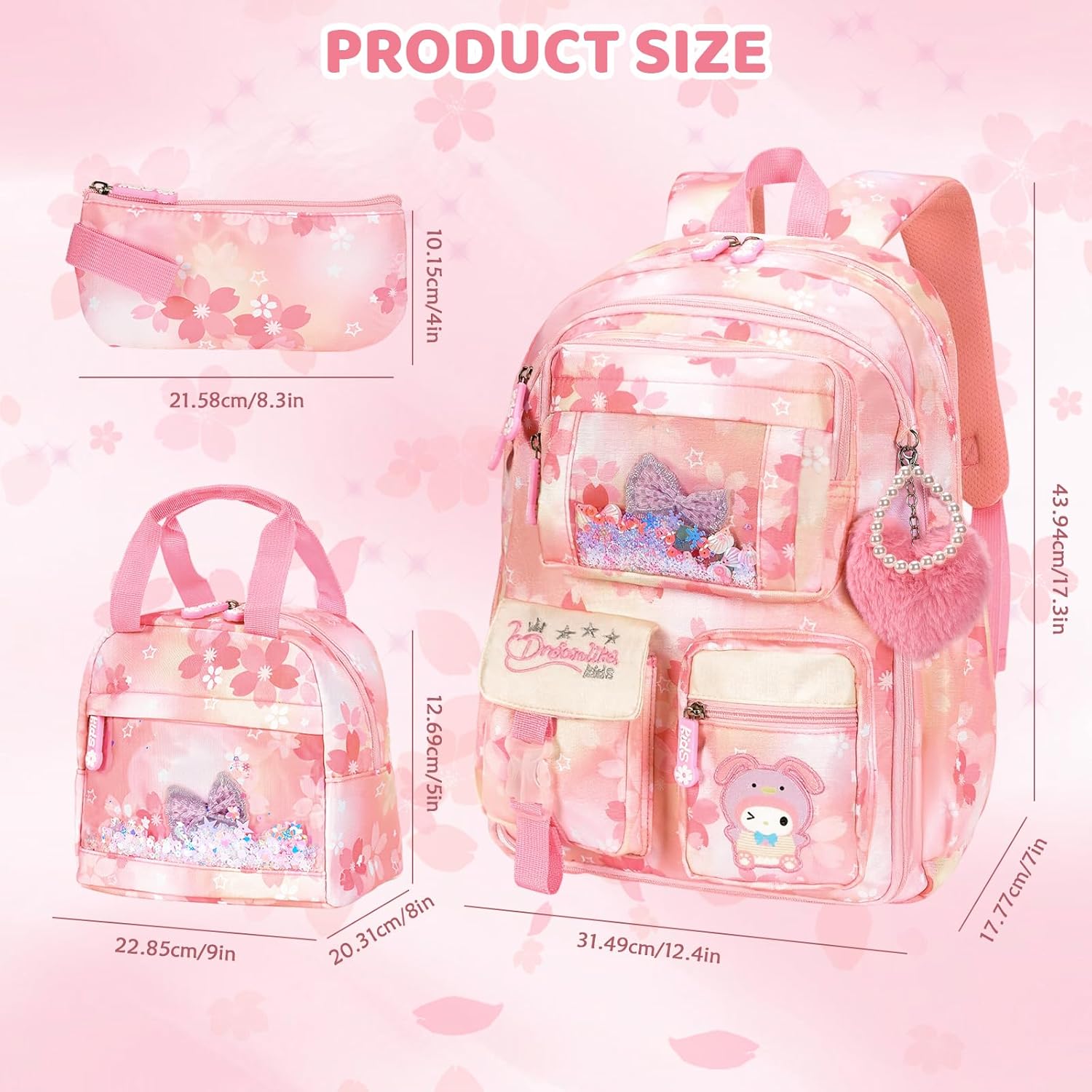 Kids Backpack for Girls, Cartoon School Bag for Elementary Middle School Students, Kawaii Children's Book Bag with Lunch Box & Pencil Case (17inch Set Pink)