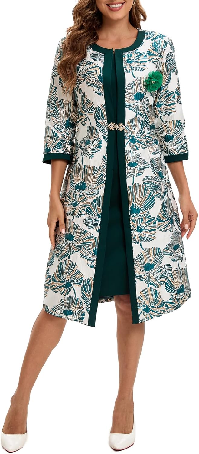 Women's Dress Church Suits 2 Piece with Jacquard Embroidery Long Jacket Church Set for Formal Occasions or Wedding Party