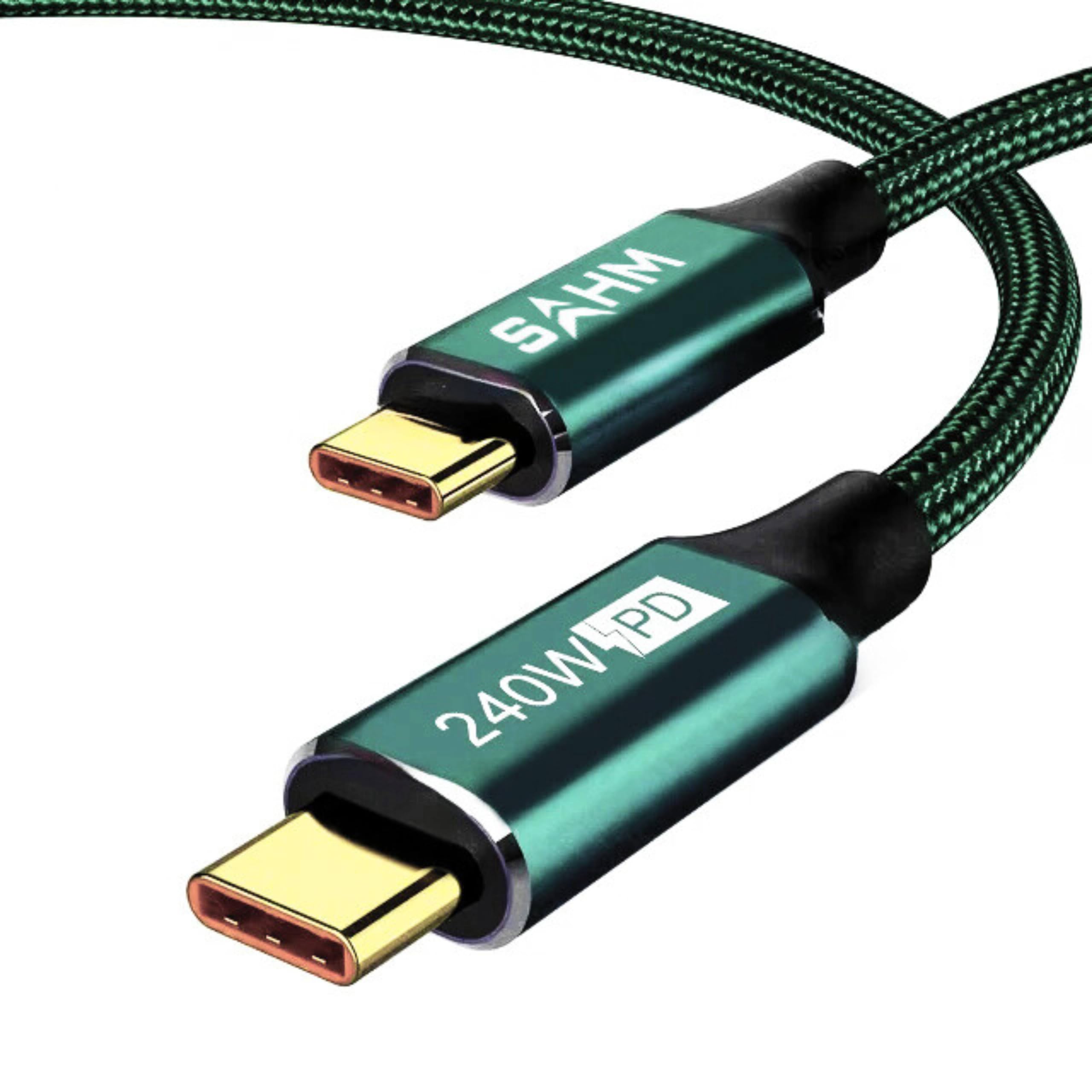 SAHM240W Type C Cable 1M, USB C to USB C Cord Fast Charger Compatible with all devices Green color Strong Nylon braided