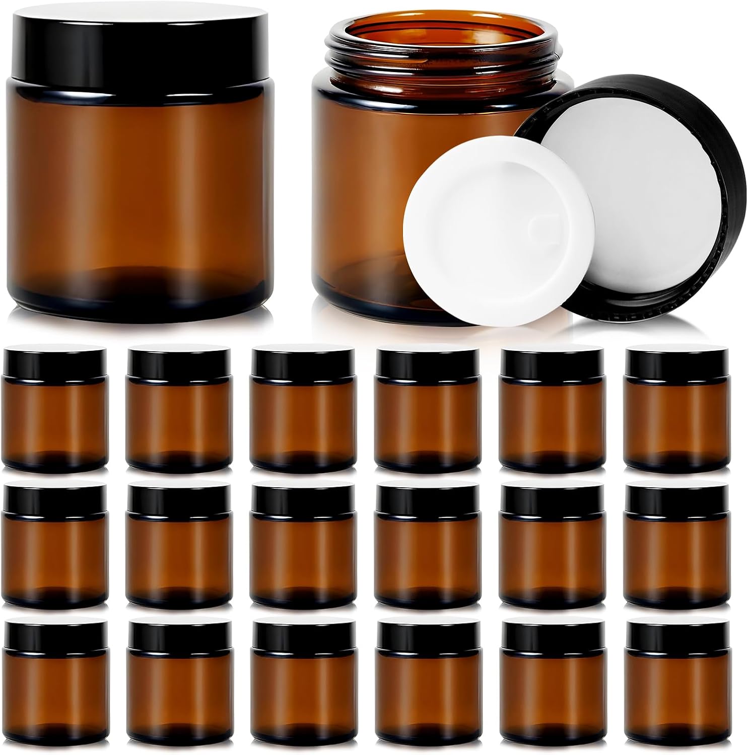 Nexboraque 30 Pack 4oz Small Glass Jars with Black Lids, Round Amber Cosmetic Container with Inner Liners for Lotion, Cream, Ointments, Makeup, Eye shadow, Rhinestone, Samples, Pot, Travel Storage
