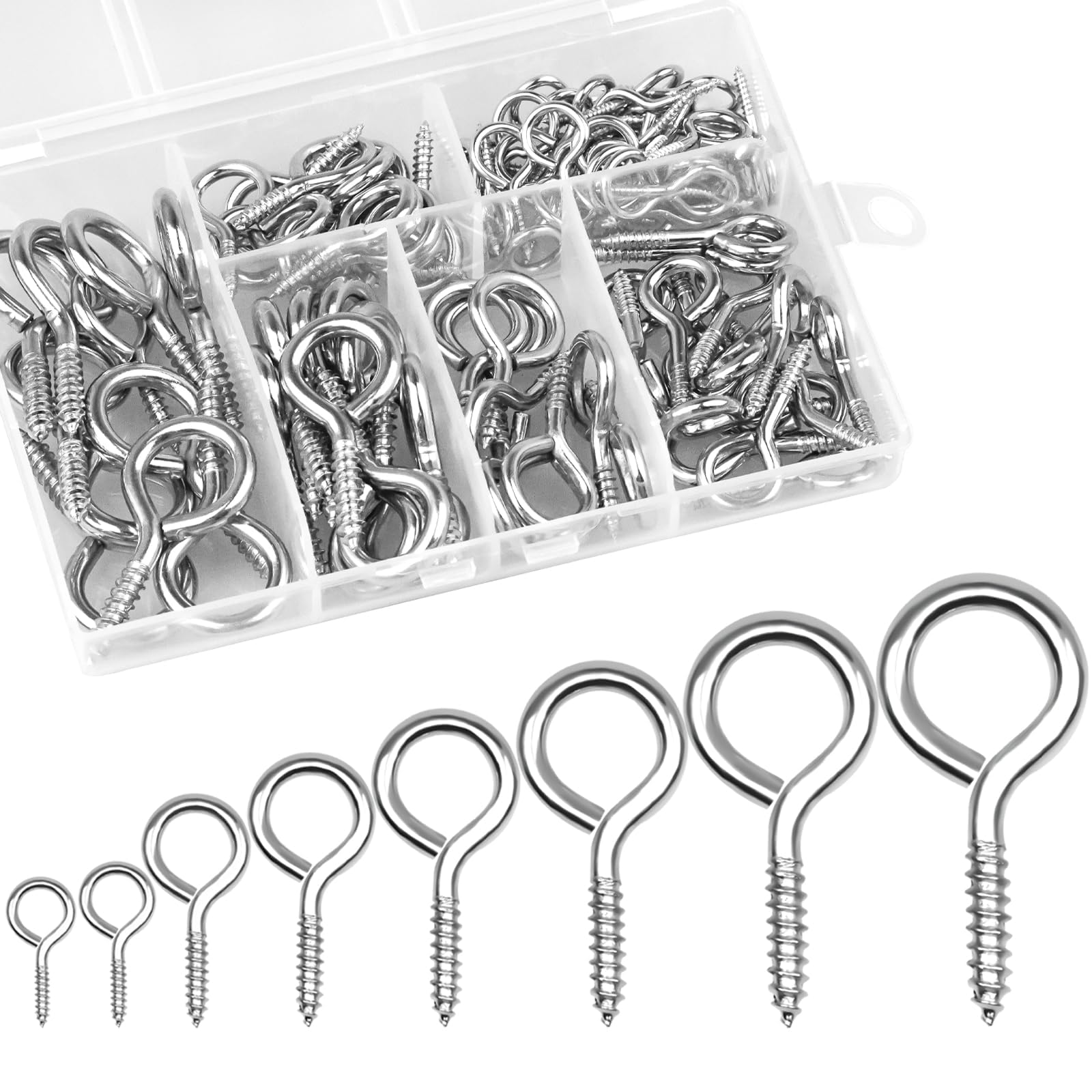 160Pcs Screw In Hooks Eye Bolts, Metal Ceiling Hook, 8 Sizes Heavy Duty Screw Eye Hooks, Eyelet Screws Vine Eyes Hook for Hanging DIY Craft, Securing Cables, Hanging Lights, Indoor & Outdoor Use
