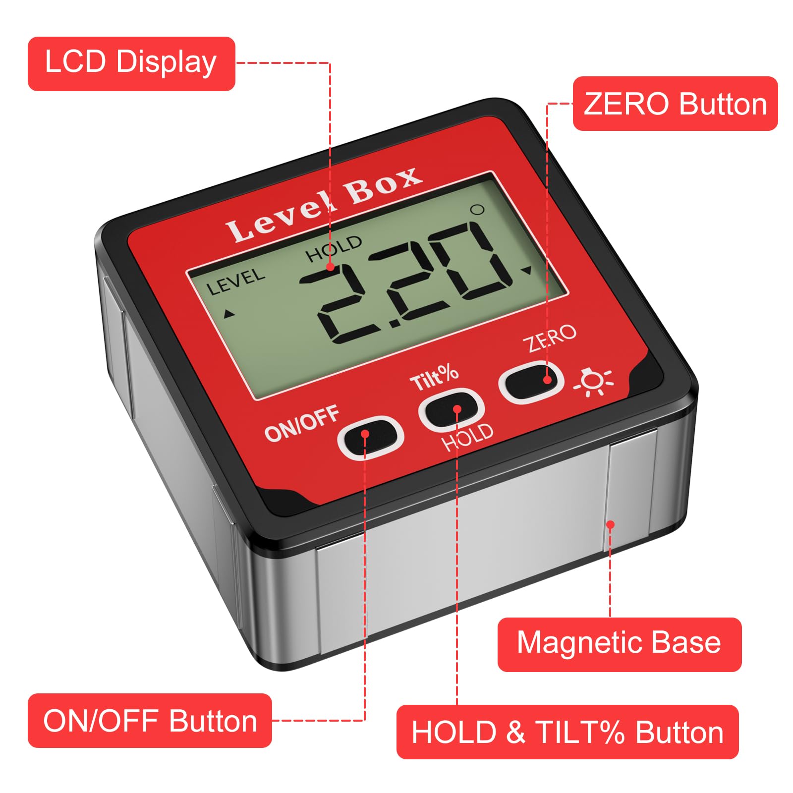 Gvolatee Goniometro Digitale Magnetico, Inclinometro Digitali Angolo 4 x 90°, Livella Professionale con Display LCD, Inclinometri Elettronica di Precisione, Level Box per Carpenteria, Edilizia
