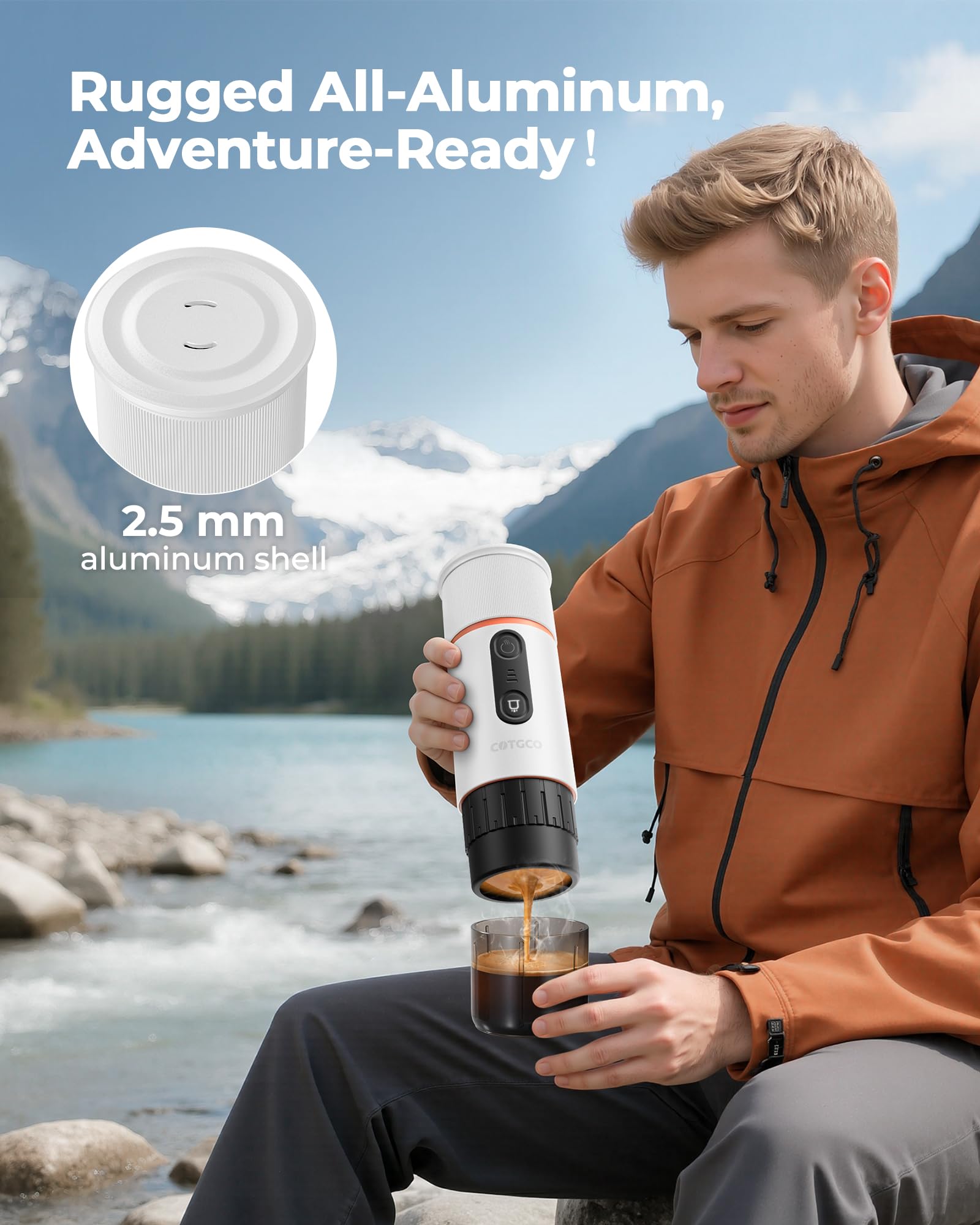 Macchina per caffè Espresso Portatile : Macchina da caffè Portatile a Batteria per viaggi in Campeggio - Riscaldamento Rapido in 2,5 inuti - 8 Tazze di Caffè Espresso per una Carica - Bianco