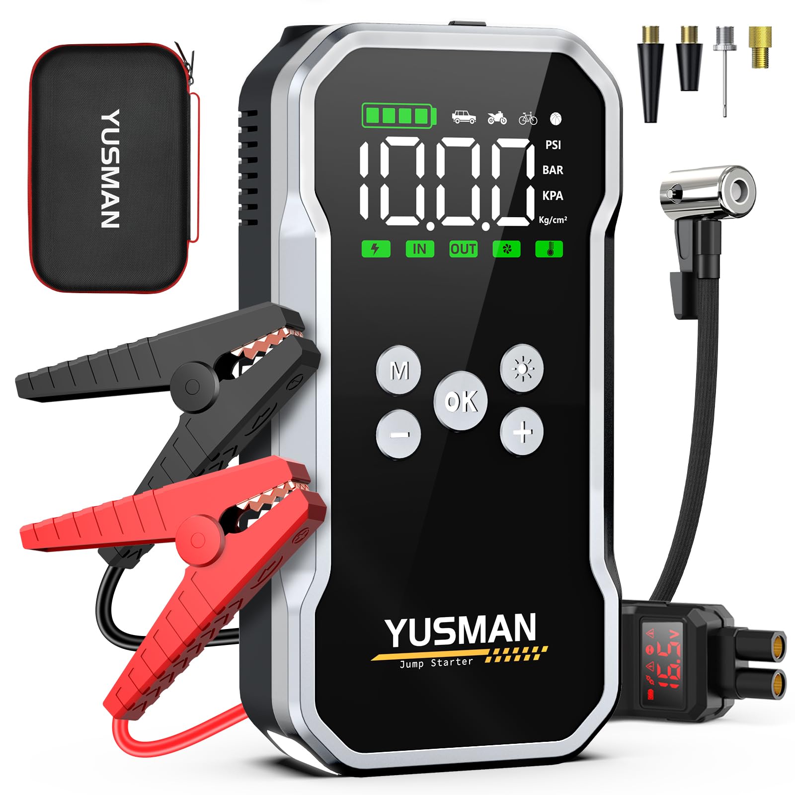 YUSMAN Starthilfe Powerbank mit Kompressor | 8000A Auto Starthilfe für alle Benzinmotoren & 8L Diesel | 160PSI Luftpumpe mit LCD & Multifunktions-Taschenlampe
