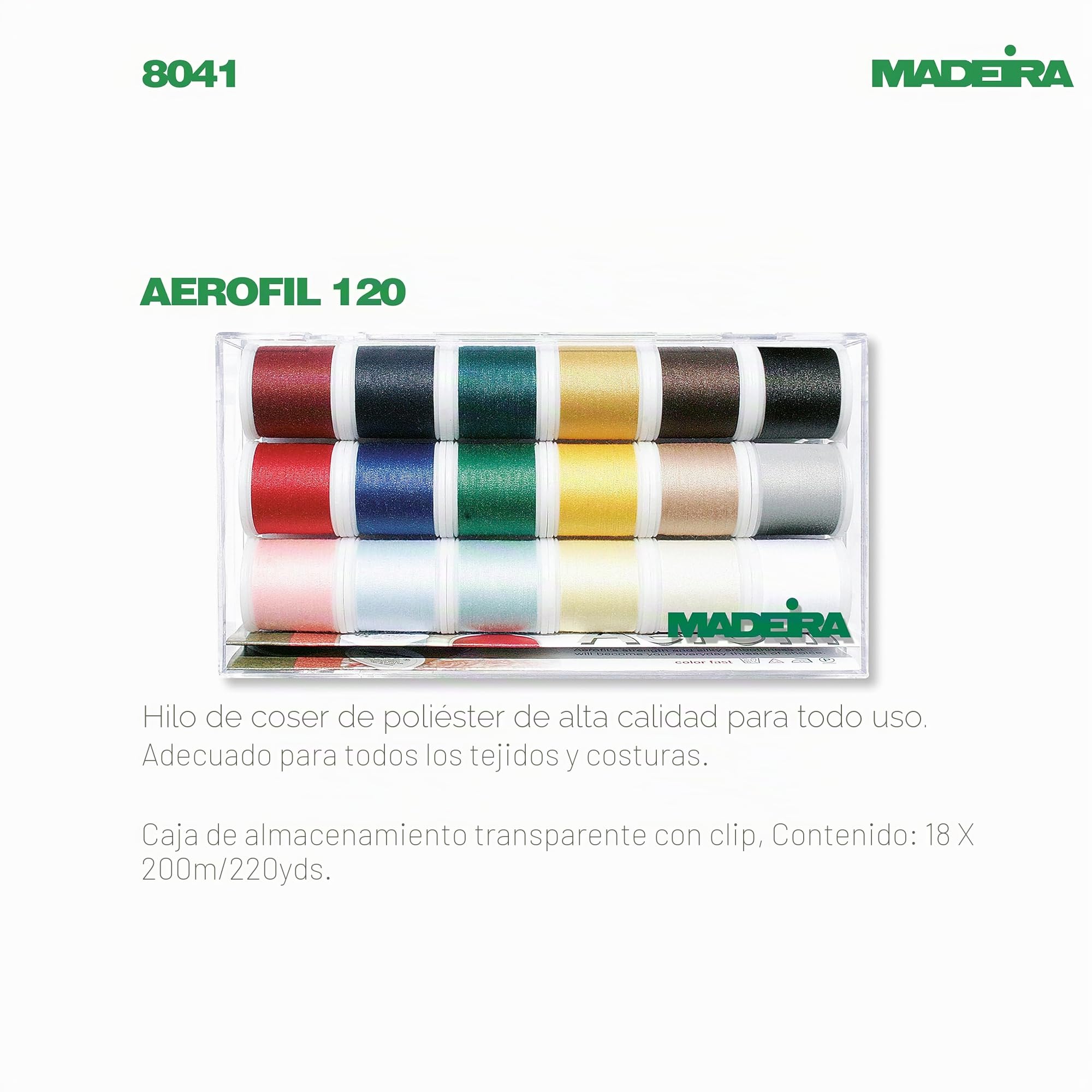 Madeira 8041 Aerofil - Caja de Hilos de Costura básicos (18 bobinas de 200 m)