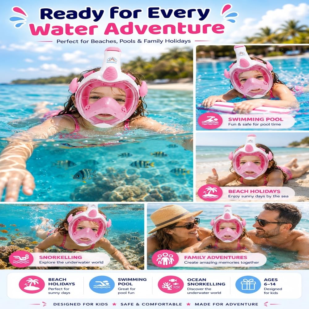Maschera da snorkeling per bambini, set completo con boccaglio a forma di unicorno, con vista panoramica a 180°, anti-appannamento, anti-perdite, idea regalo per ragazzi e ragazze