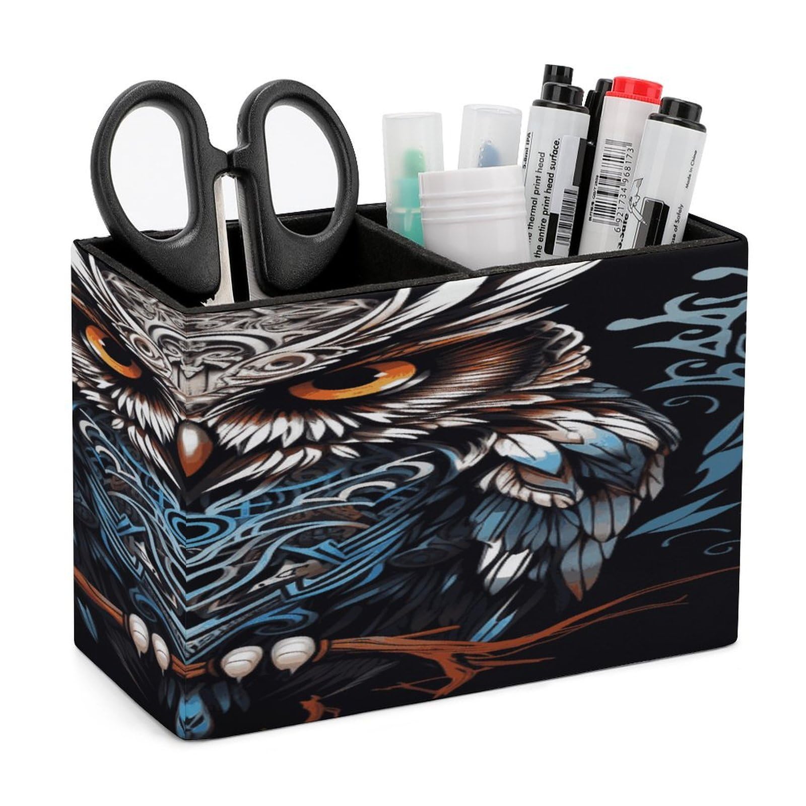 FekiLoot PU Leather Owl Pen Holder for Desk 2 Compartments Desktop Stationary Organizer Rectangle Table Pencil Cup Stand Desktop Stationery Organizer Case for Office Home