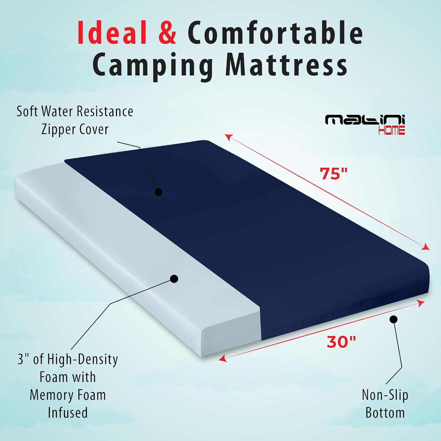 Memory Foam Roll-Up Camping Mattress with Water Resistant Zipper Cover, Foldable and Portable for Camping, RV Bunk, Tent, Guest Bed, Outdoor and Dorm