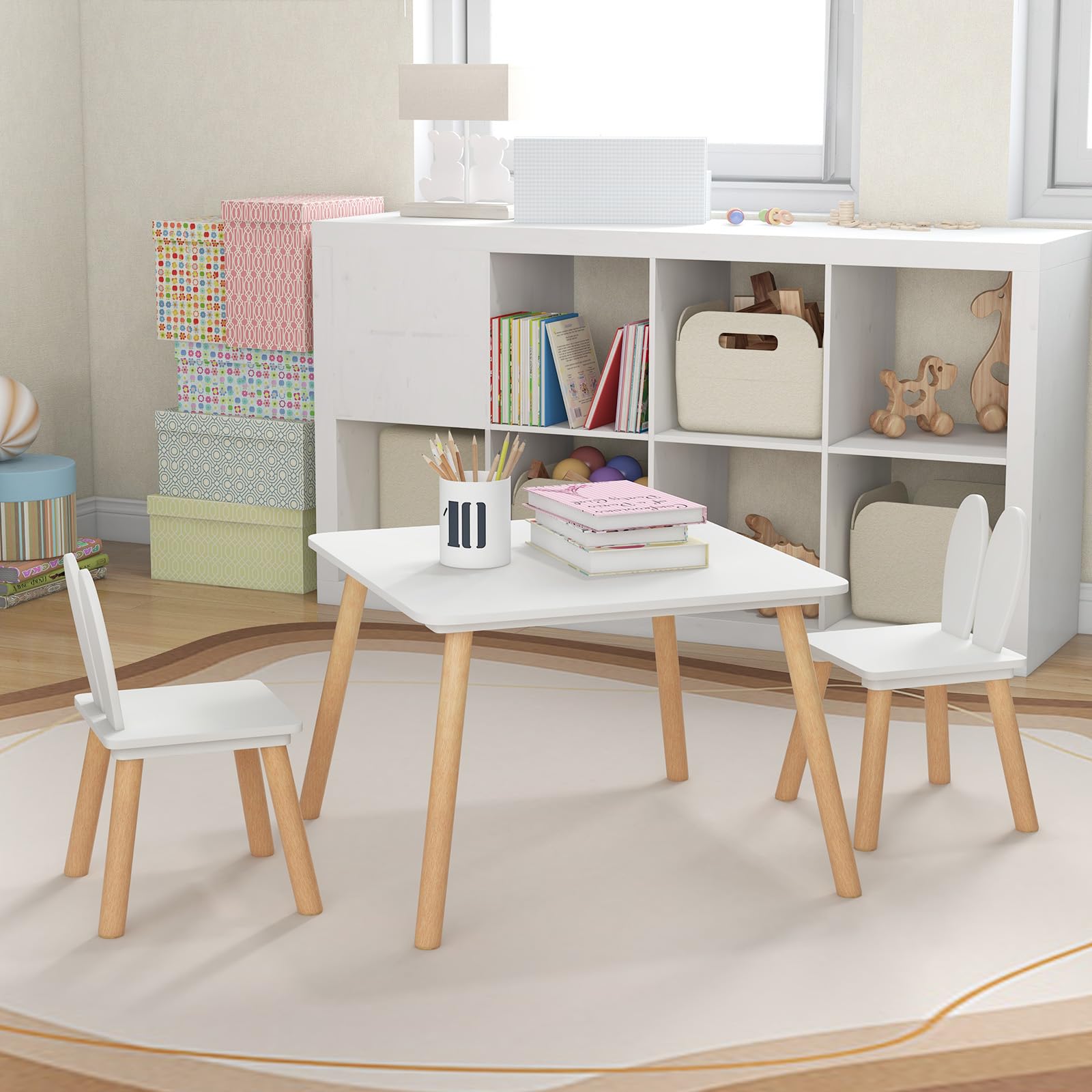 RELAX4LIFE Mesita infantil con 2 sillas con orejas de conejo, juego de mesa y sillas de madera para niños de 3 a 6 años, diseño compacto, mesa para jugar, dibujar y leer, capacidad para 40 kg (blanco)