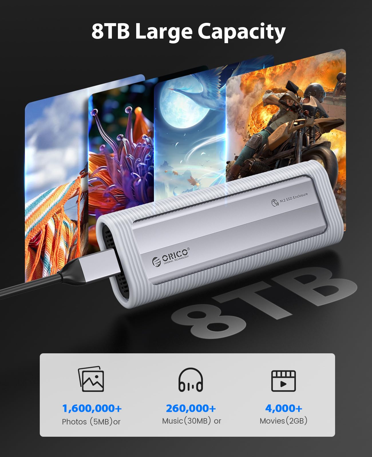 ORICO Case SSD M2 NVMe Senza Attrezzi, USB 3.2 10Gbps Adattatore SSD M2 NVMe USB con Protezione in Silicone e Cordino, Alluminio NVMe Case per SSD NVMe PCIe M-Key in 2230/2242/2260/2280 -AXM2