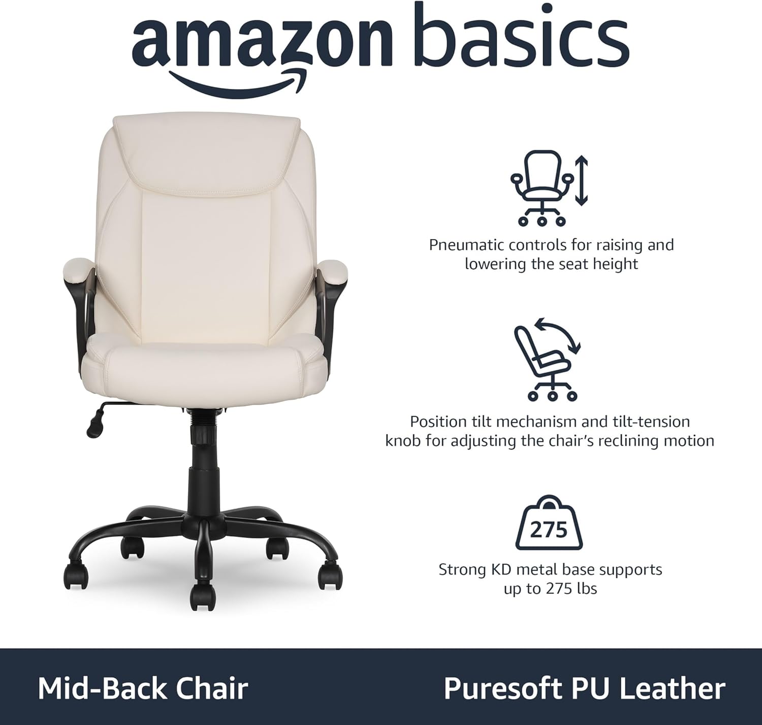 Amazon Basics Classic Puresoft PU Padded Mid-Back Office Chair with Armrest, Height Adjustable, Easy to Assemble, 26"D x 23.75"W x 42"H, Cream
