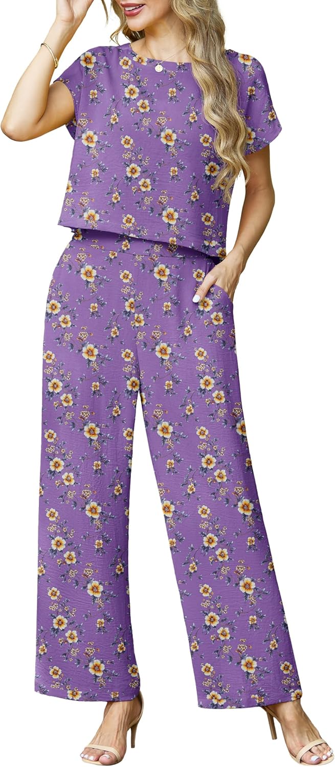 Lepunuo 2 Piece Sets for Women Summer Cap Sleeve Crop Top Wide Leg Pants Matching Lounge Set Vacation Beach Travel Outfits