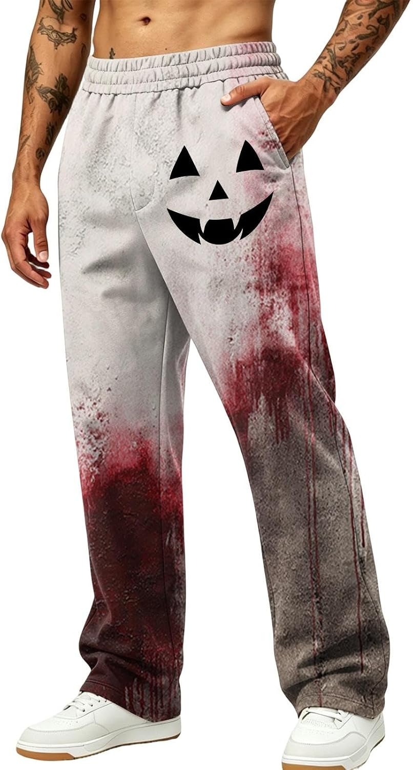 HJINGSUN Halloween Pants Men Scary Blood Splatter Sweatpants | Baggy Elastic Waistband Jogging Pants with Pockets Stretchy Comfortable Workout Track Pants Mens Halloween Costumes for 2026