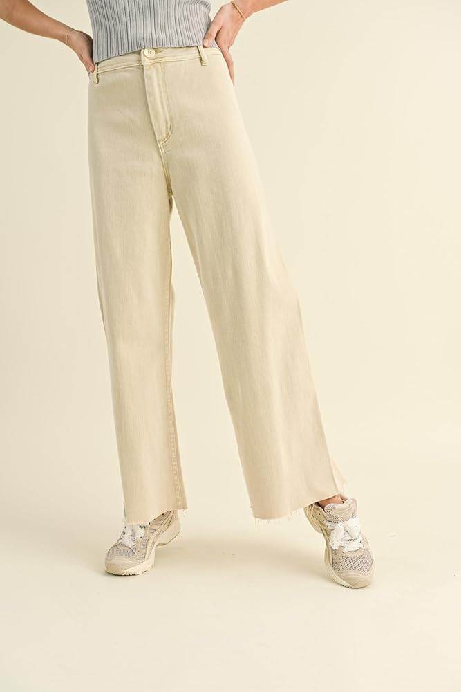 Miou Muse - Straight Wide Leg Denim Pants - MMP623 Beige at Amazon