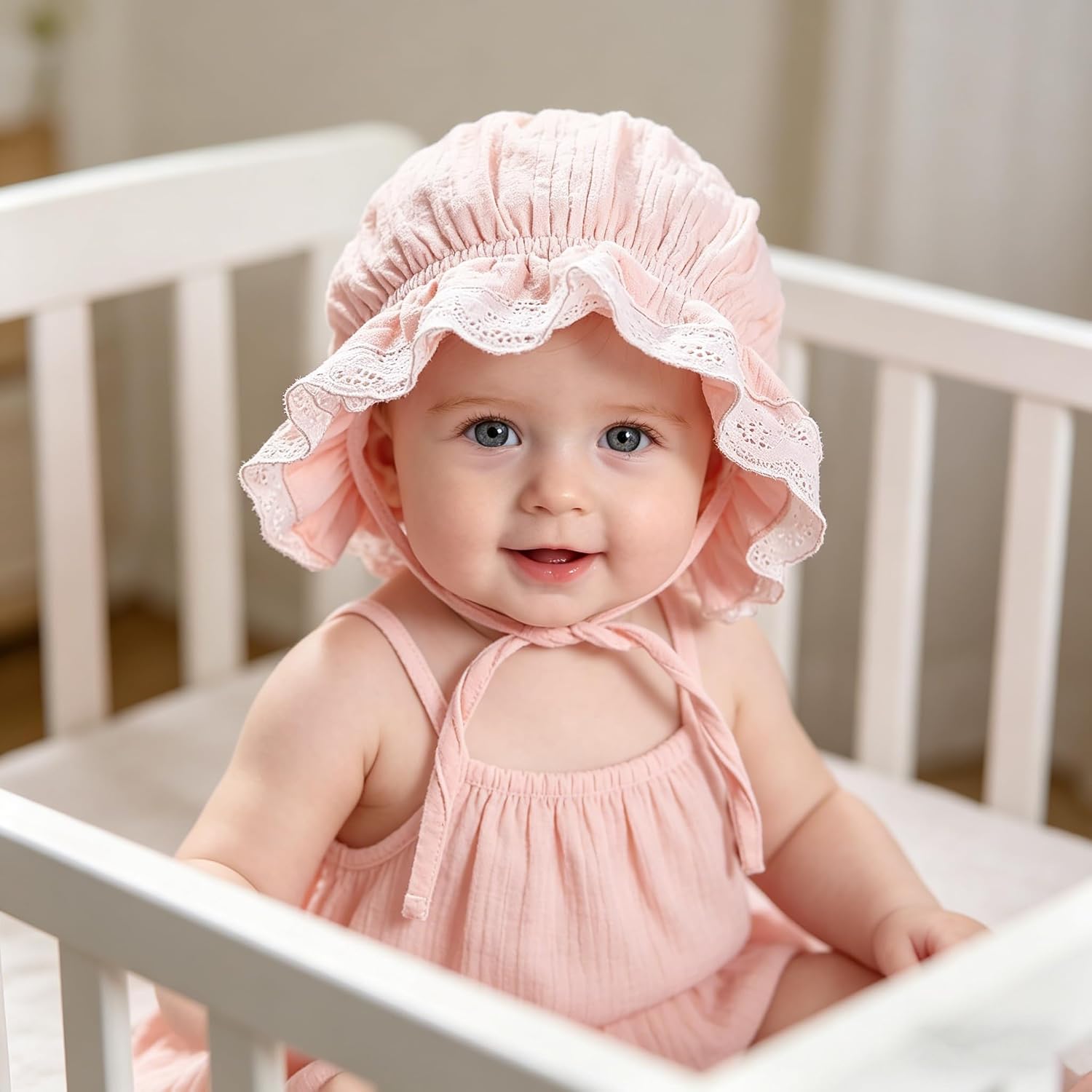 Baby Girl Boy Lace Cotton Bonnet – Soft Warm Cap Breathable Eyelet Beanie Sun Protection Hat for Newborn Infant Toddler