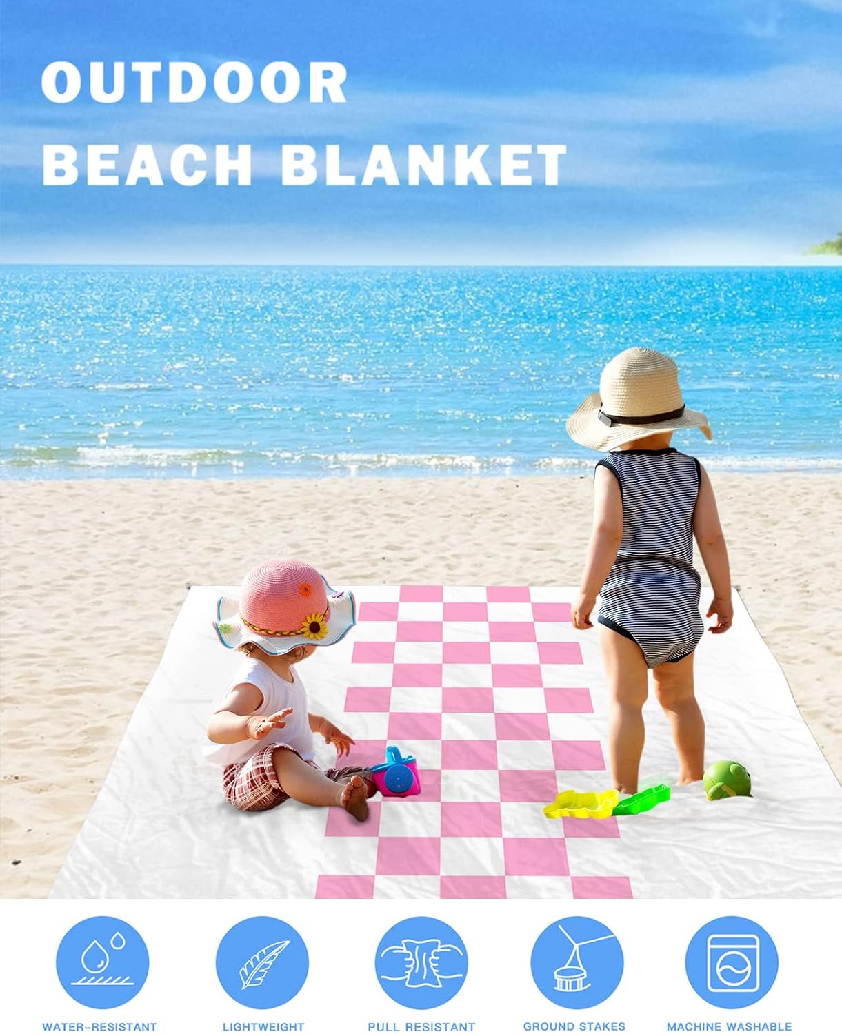 Farmhouse Valentine's Day Beach Blanket Waterproof Sandproof Outdoor Picnic Mat 83"x79" Pink White Buffalo Lattice Stripes Lightweight Large Beaach Blankets with 4 Stake & 4 Corner Pockets