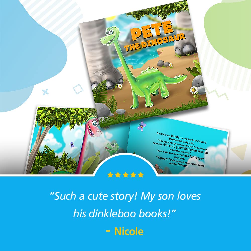 Personalized Story Book by Dinkleboo - The Dinosaur - for Kids Aged 0 to 8 Years Old -A Story About Your Child Going on an Adventure to find a New Dinosaur Friend. Soft Cover. 8"x8"