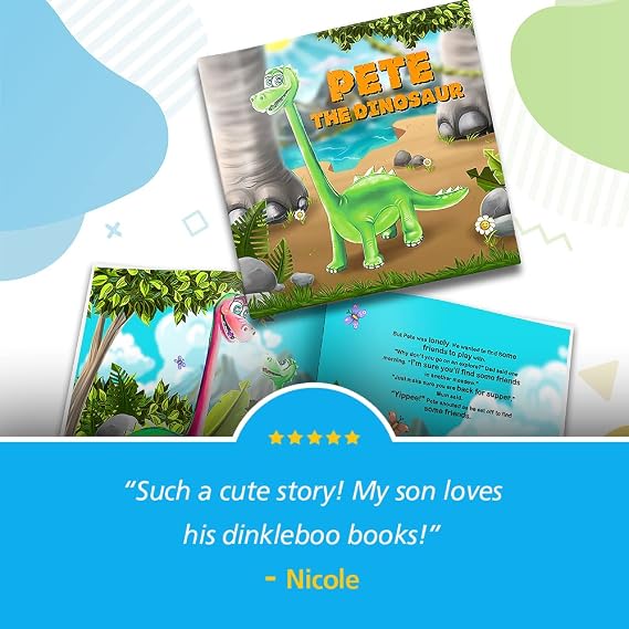 Personalized Story Book by Dinkleboo - The Dinosaur - for Kids Aged 0 to 8 Years Old -A Story About Your Child Going on an Adventure to find a new Dinosaur Friend. Soft Cover. 8x8