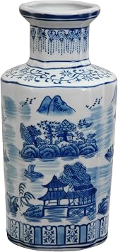 Red Lantern 12" Landscape Blue & White Porcelain Vase