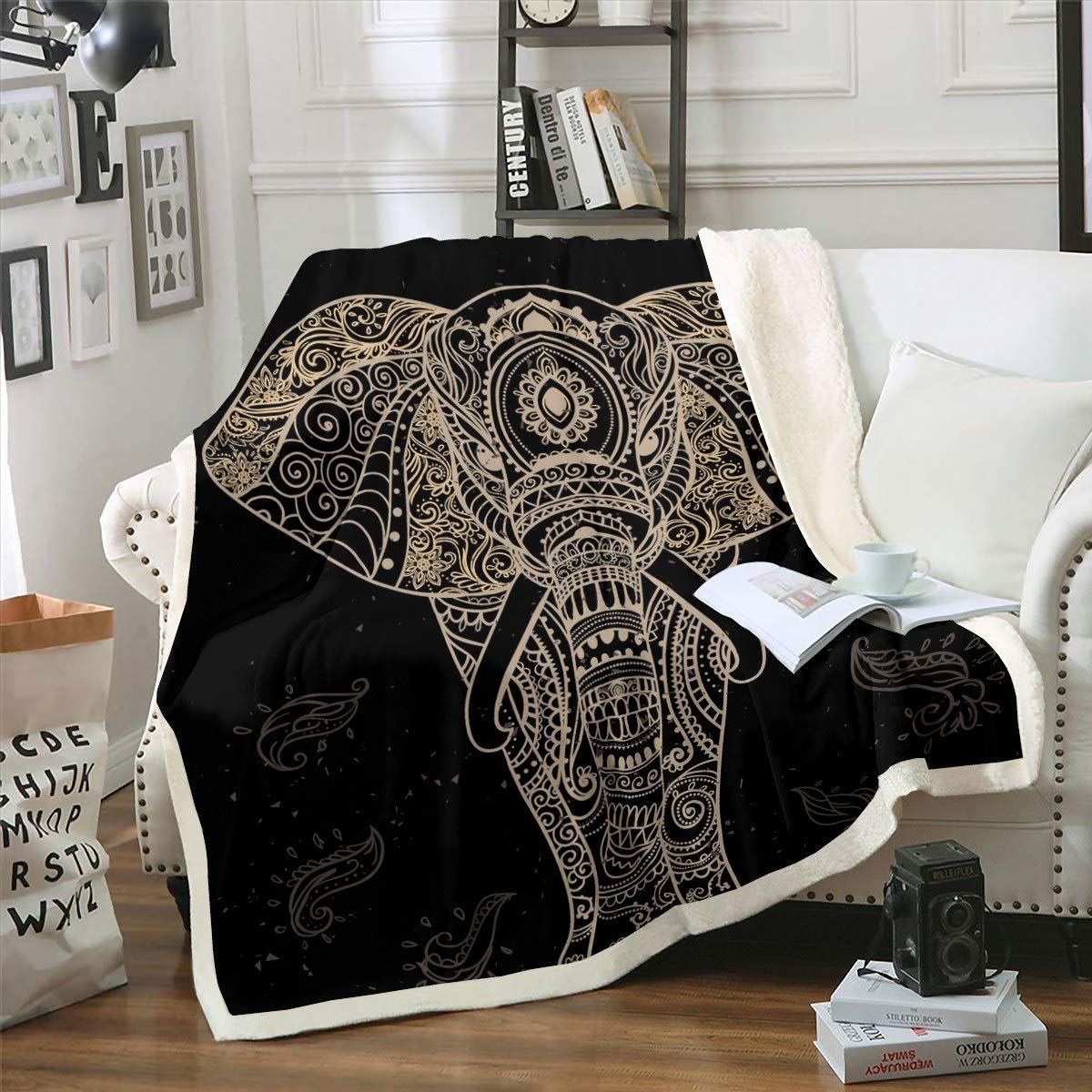 Bohemian Elephant Fleece Blankets Man Woman Adults Boho Exotic 3D Elephant Printed Sherpa Blanket Indian Southwestern CCCCCs, King 79x90Inch — image 1