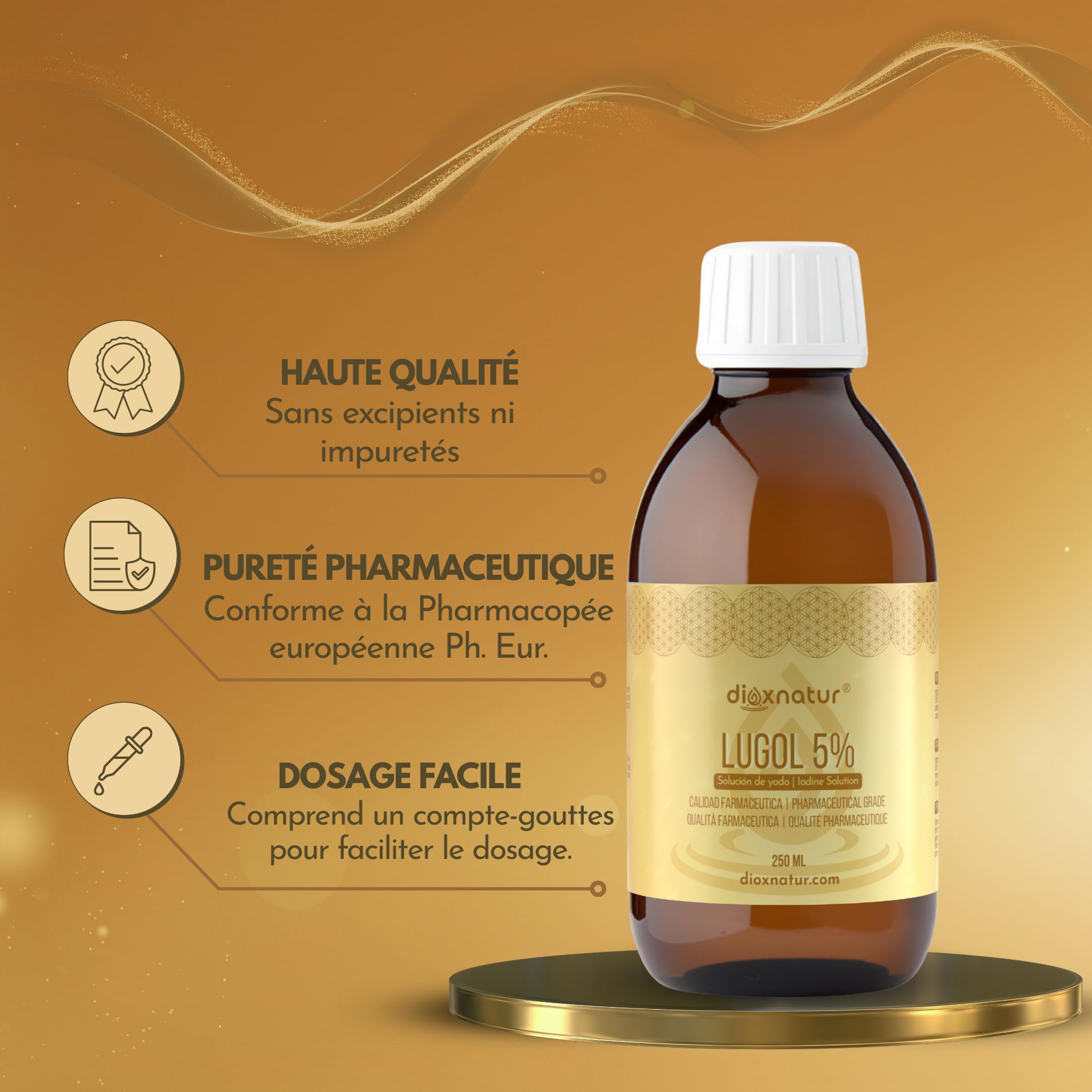 Solution de lugol 5 % qualité pharmaceutique 250 ml | Gouttes d'iode liquide et d'iodure de potassium avec pipette doseuse précise