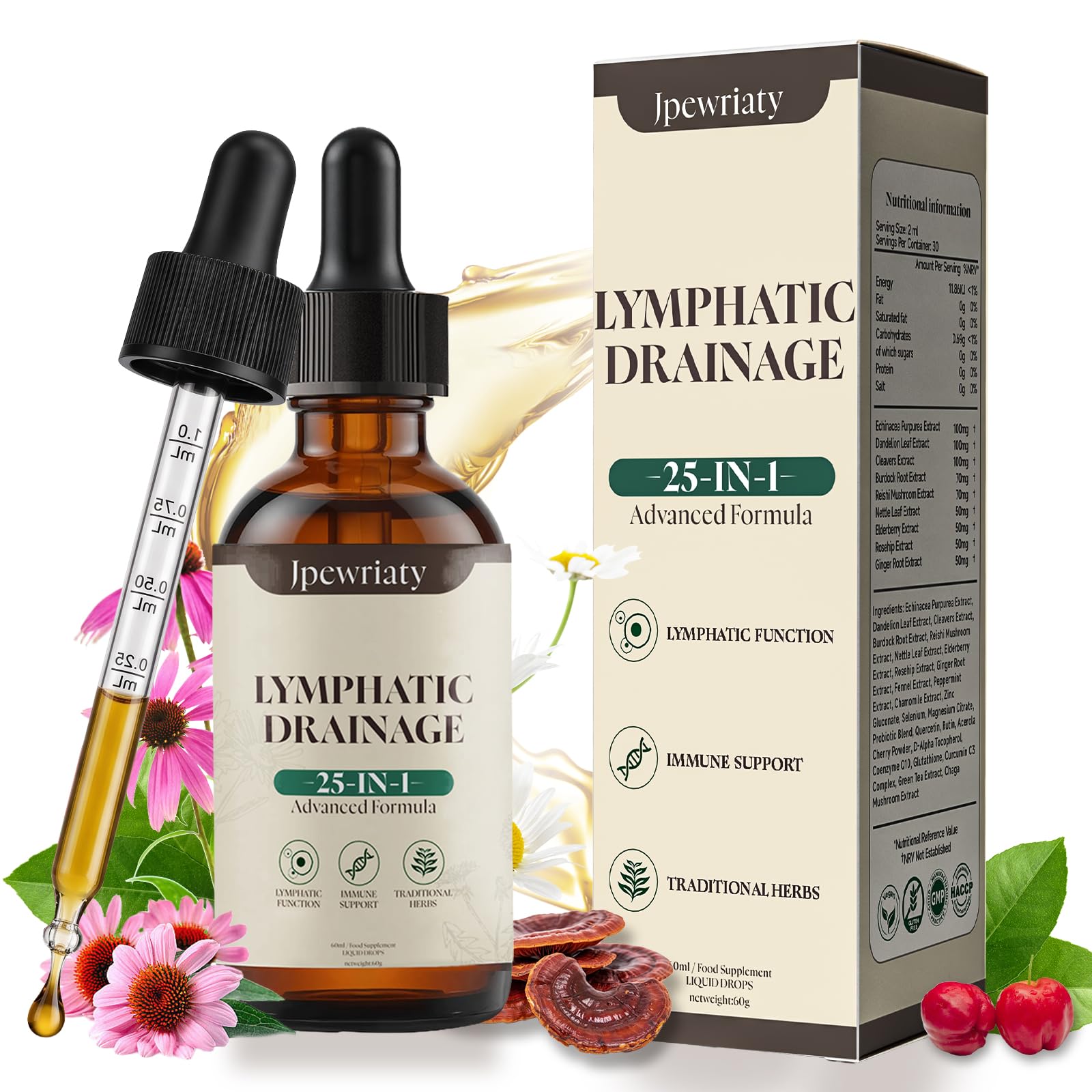 Leichtkraut Lymphdrainage‑Tropfen für Immunsystem, Reinigung & Förderung der Lymphfunktion, reduziert Wassereinlagerungen, mit Reishi, Ingwerwurzel, Klettenwurzel und weiteren Inhaltsstoffen, 60 ml