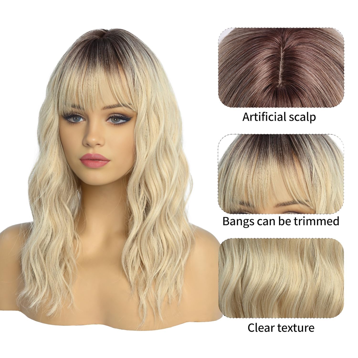 SIMKAYLEE Parrucca lunga bionda con frangia per donna, parrucca di lunghezza media con radice scura, per donna, capelli lunghi ondulati naturali con sfumature, resistente al calore, per feste