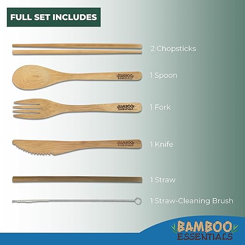 Miniatura 2 de Juego de utensilios de viaje de bambú  Tenedor de bambú, cuchillo, cuchara, palillos, pajilla, cepillo de limpieza para pajilla, bolsa de viaje y