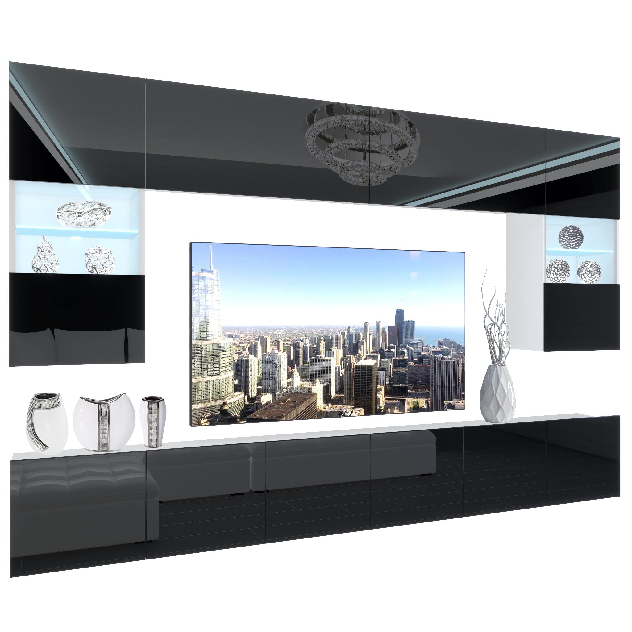 Belini - Set completo da parete per soggiorno, moderna parete con illuminazione a LED, colore: Nero