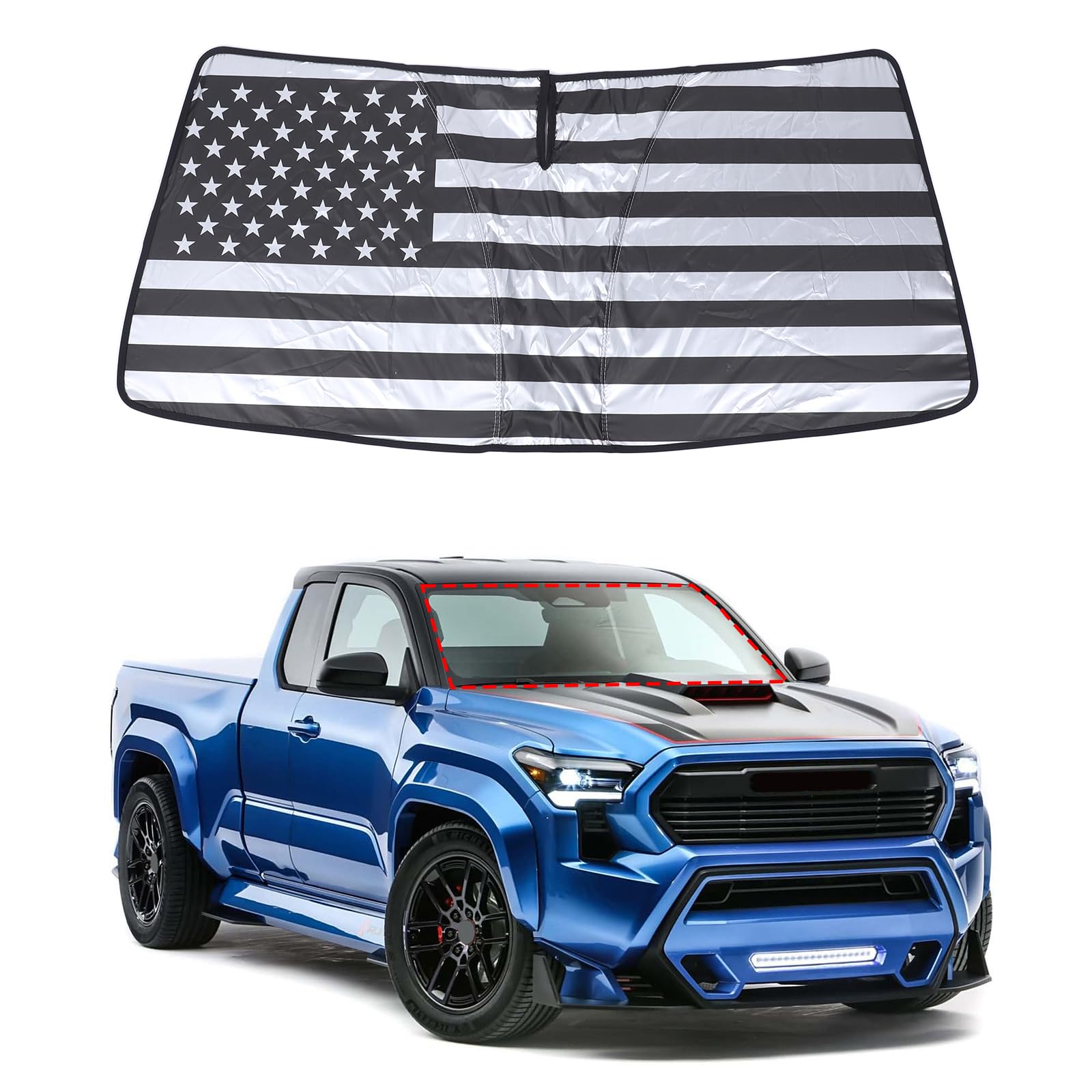 Windshield Sunshade Foldable Compatible with Toyota Tacoma 2024 2025, Custom-fit Windshield Reflective Sunshade Car Accessories (USA Flag)