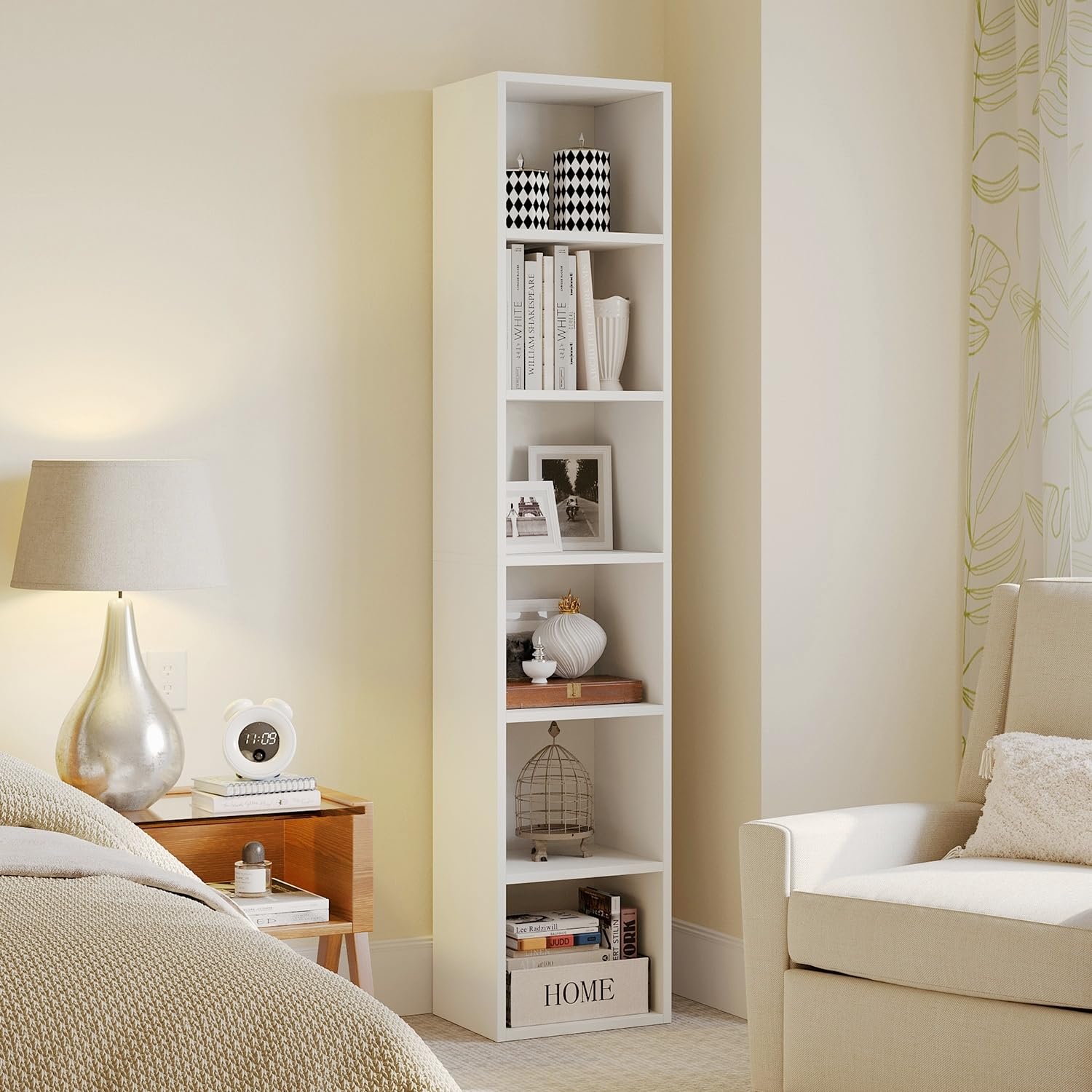 MXV Narrow Bookshelf, 6-Tier Open Bookcase, Coner Shelf, Storage Shelves, Display Storage Shelves, Floor Standing Unit, Home Decor, Furniture for Home