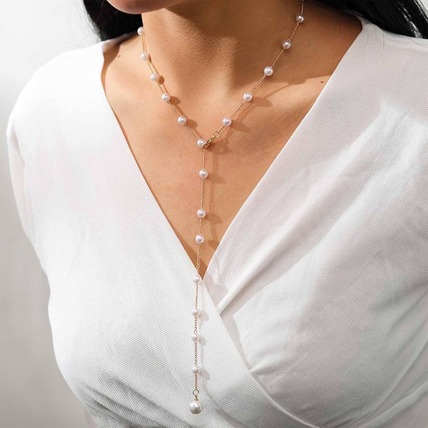 Boho Pearl Lariat Y Necklace Chain Gold Pearl Y Drop Necklace Long Pearl Beaaded Chain Necklace Vintage Pearl Y Necklace Jewelry for Women - Image 2