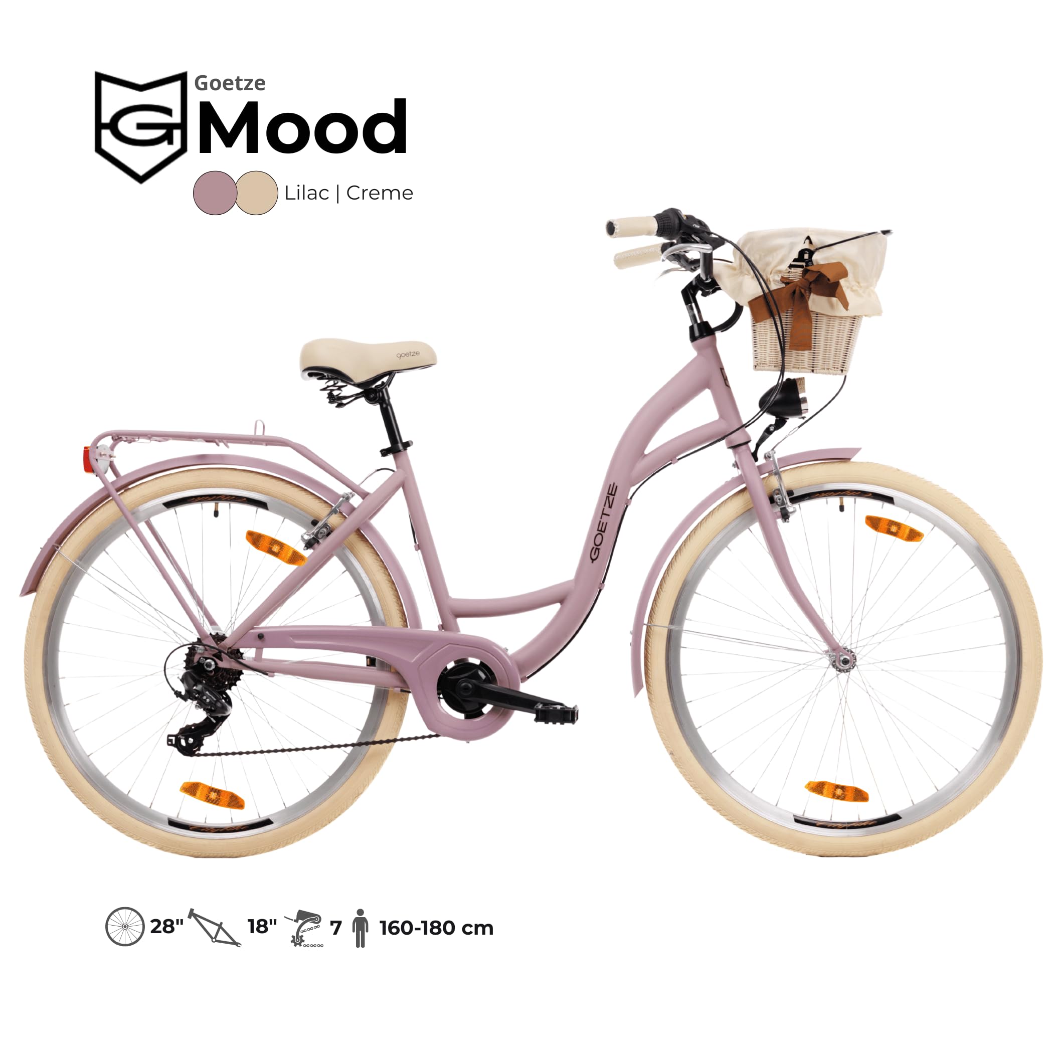 Goetze Mood 28 Zoll Citybike Damen | 18 Zoll Tiefeinsteiger | Shimano Tourney 7-Gang | LED-Beleuchtung | Korb & Gepäckträger | Komfortsattel | City Fahrrad für Alltag & Freizeit