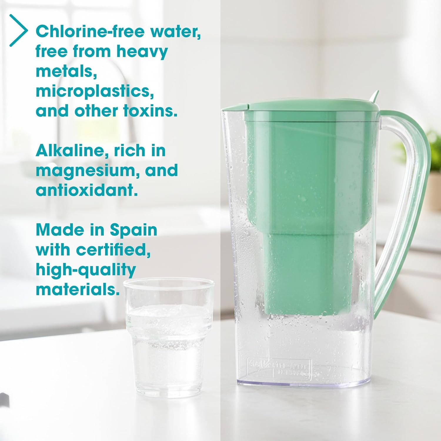 Water Filter Jug Green for Tap Water Alkanatur Drops Filters Water Supports Ionisation and Gives Magnesium from pH 9 1.4 Litre Capacity Filters Limescale Chlorine and Metals Without BPA