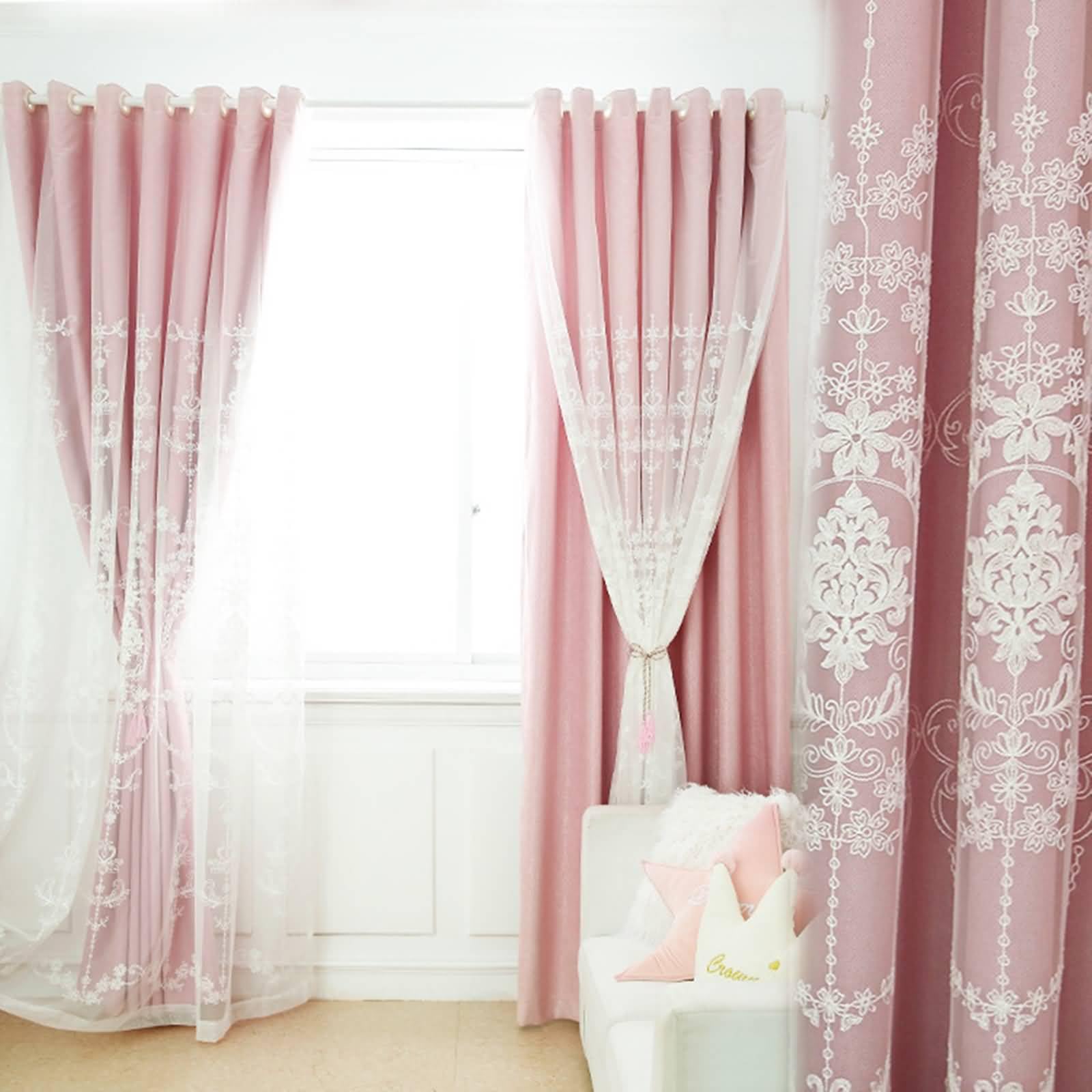 Einfarbiger Stoff und transparenter Stoff mit floraler Stickerei Rosa KüchenvorhängeLeinen+Garn, Gardinen Blumenmuster Vintage Wohnzimmer, 107 x 132 cm Ösen