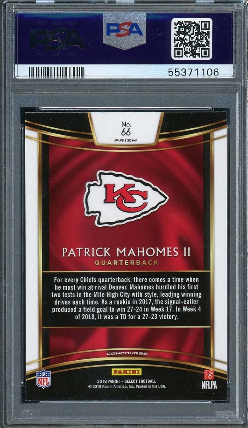 Patrick Mahomes 2018 Panini Select Silver Prizm Football Card #66 Graded PSA 10