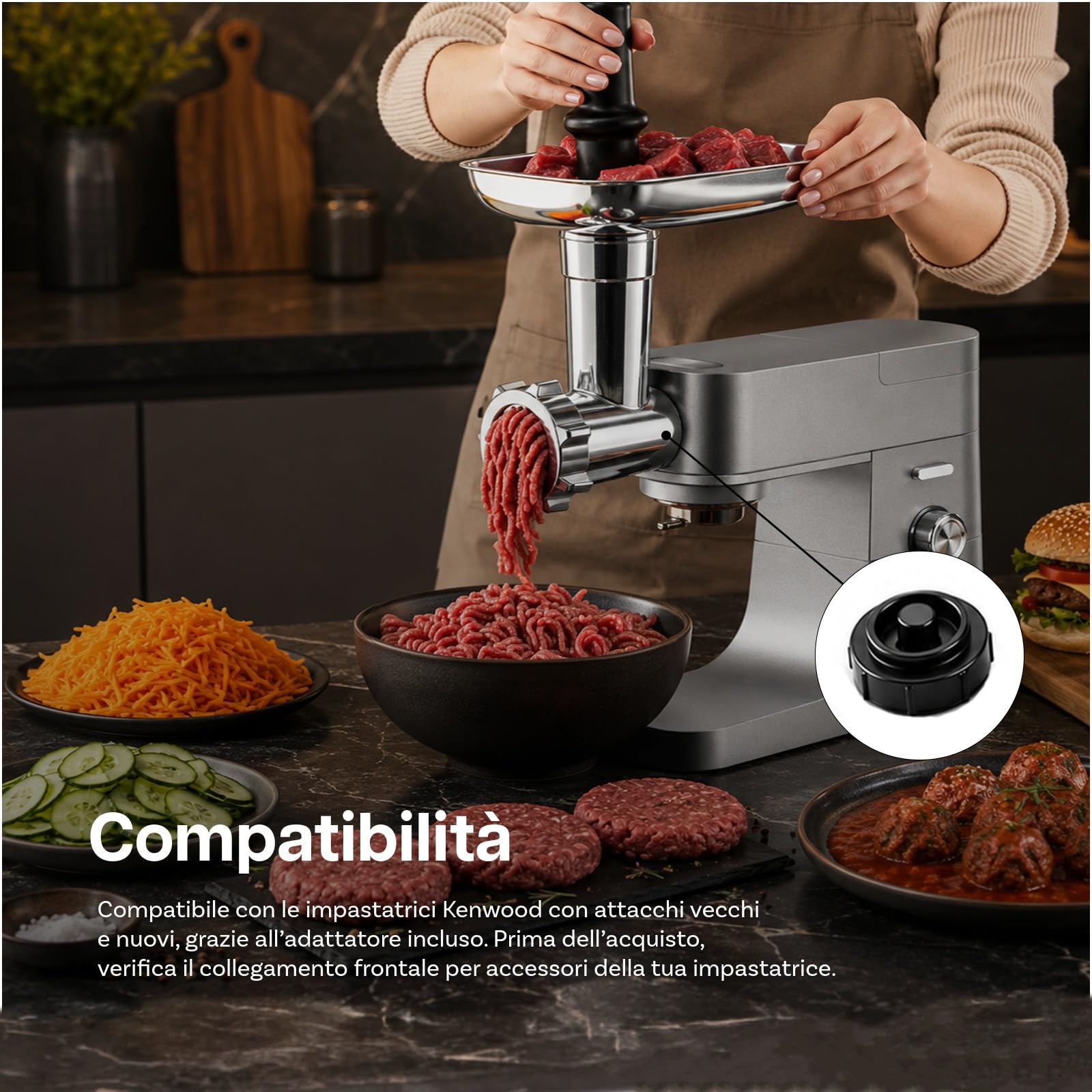 Attacco Tritacarne per Kenwood Stand Mixer - Tritacarne con Adattatore, 4 Piastre di Macinazione, 3 Lame di Macinazione, 2 Tubi per Salsicce - Accessori per Kenwood di MMOBIEL