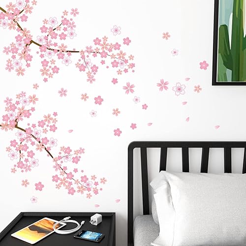 Miniatura 7 de RW-045 Calcomanías de pared gigantes de flor de durazno rosa, flores de ciruelo, ramas de árboles, calcomanías de pared para bricolaje, pétalos de