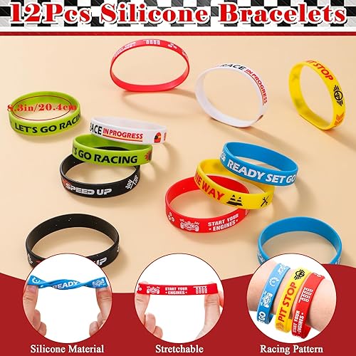 Miniatura 5 de Winrayk Regalos de fiesta de coches de carreras, suministros de cumpleaños, bolsa de papel de paja para beber, mini pulsera de coche, calcomanía de