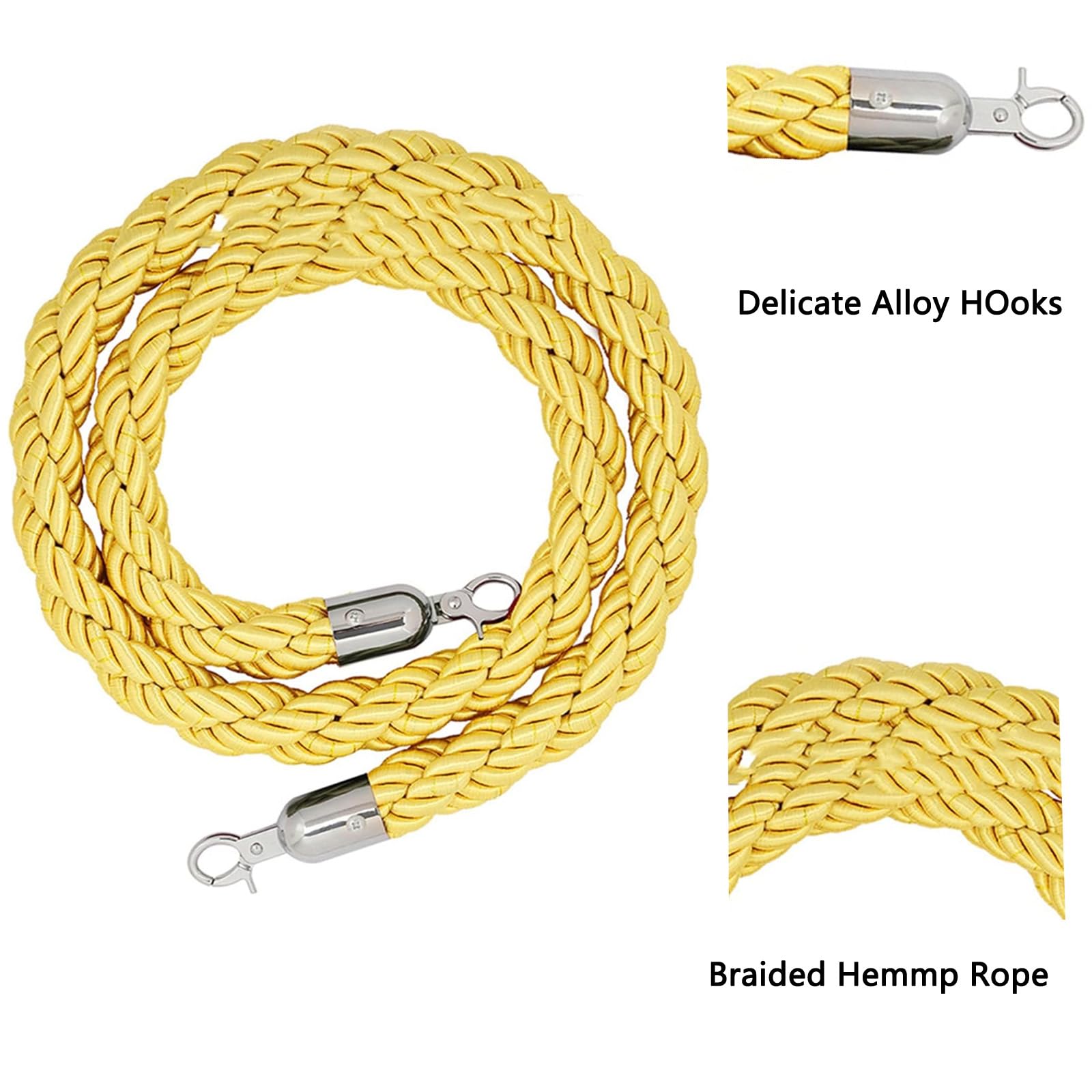 Corde de barrière jaune de 2 m – Corde de contrôle de foule de qualité supérieure avec crochet argenté pour événements, hôtels et gestion de ligne – Disponible en options de 0,6 cm