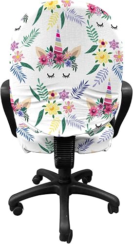 Miniatura 2 de Lunarable Funda floral para silla de oficina, pestañas de unicornio en flores con orejas encantadoras ramas de hojas Happy Fantasy, funda protectora