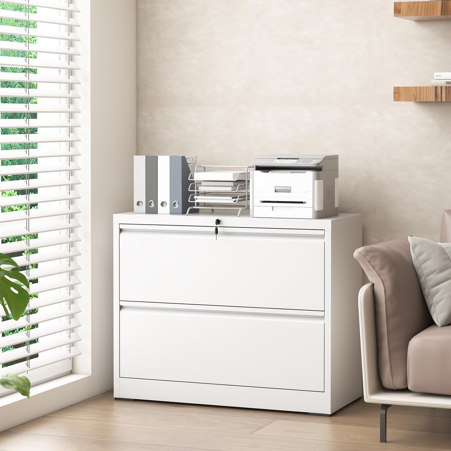 Lateral File Cabinet with Lock, Metal File Cabinets for Home Office Legal/Letter A4 Size, File Cabinet with 2 Drawer Storage Cabinet, Require Assembly, White
