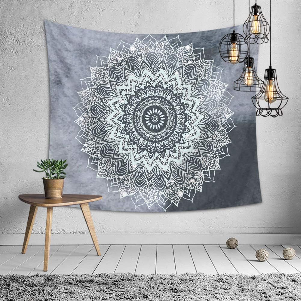 OATHENE Gray Mandala Tapestry for bedroom Indian Hippie Bohemian Psychedelic Peacock Mandala Tapestry Wall Hanging Black and White Grey Orange Colorful Polyester 60L x 51 W Inches (150cm x 130cm) Grey